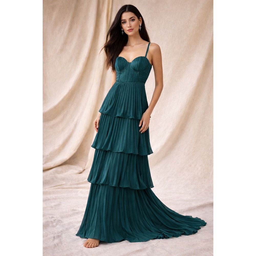 Lulus Emerald‎ Green Bustier Tiered Maxi Gown Dress Formal Gala Prom Size L